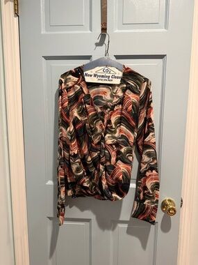 Halogen Black, Coral & Cream Swirl-Print Long Sleeve Wrap Top